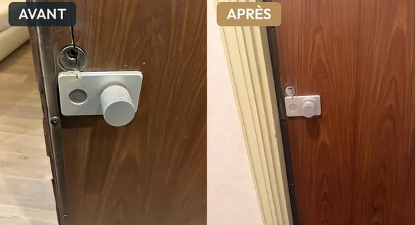 Mise en sécurité d'une porte après effraction, avant et après