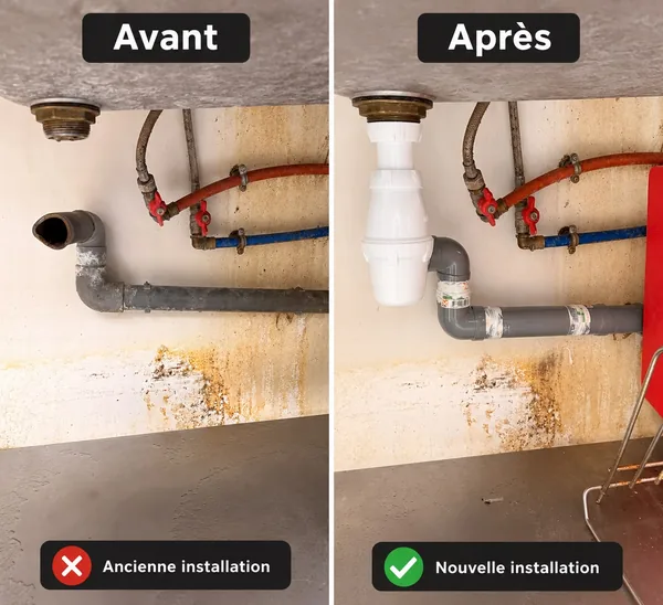 Rénovation complète de l'évacuation sous évier, avant et après